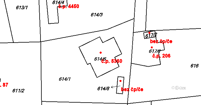 Rýnovice 5360, Jablonec nad Nisou na parcele st. 614/6 v KÚ Rýnovice, Katastrální mapa
