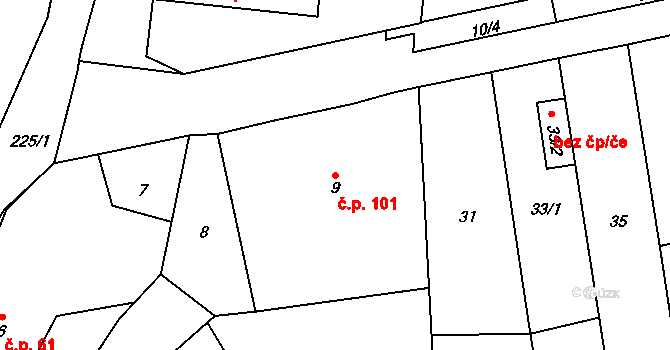 Bílany 101, Kroměříž na parcele st. 9 v KÚ Bílany, Katastrální mapa