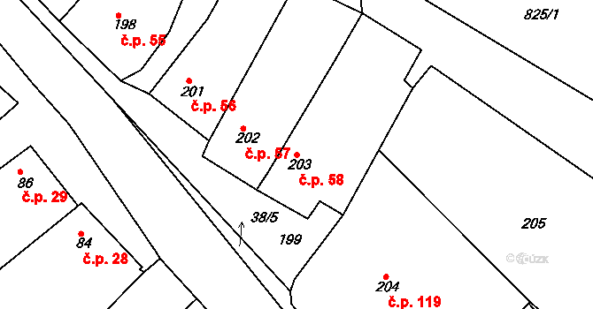 Konice 58, Znojmo na parcele st. 203 v KÚ Konice u Znojma, Katastrální mapa