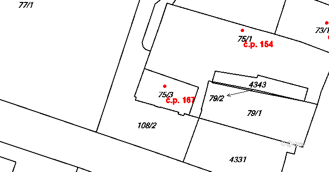 Čelákovice 167 na parcele st. 75/3 v KÚ Čelákovice, Katastrální mapa