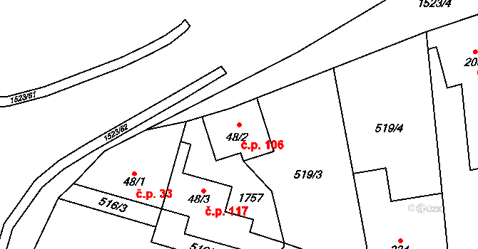 Rychaltice 106, Hukvaldy na parcele st. 48/2 v KÚ Rychaltice, Katastrální mapa