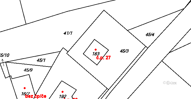 Blaženice 27, Rabyně na parcele st. 183 v KÚ Blaženice, Katastrální mapa