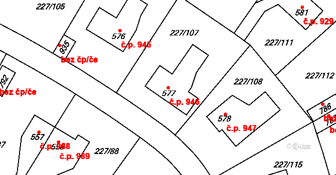 Švermov 946, Kladno na parcele st. 577 v KÚ Hnidousy, Katastrální mapa
