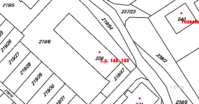 Jarošov nad Nežárkou 148,149 na parcele st. 209 v KÚ Jarošov nad Nežárkou, Katastrální mapa