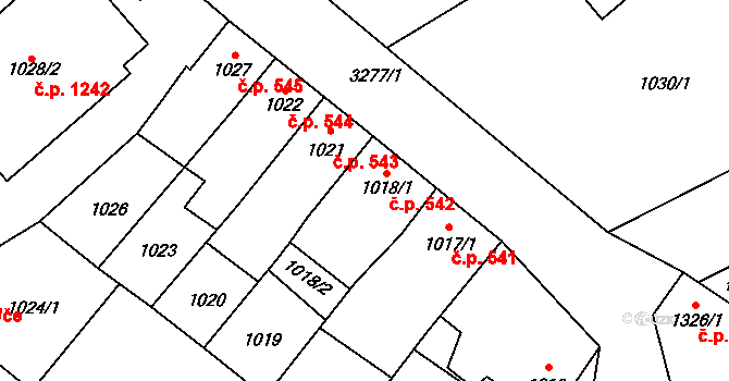 Mikulov 542 na parcele st. 1018/1 v KÚ Mikulov na Moravě, Katastrální mapa