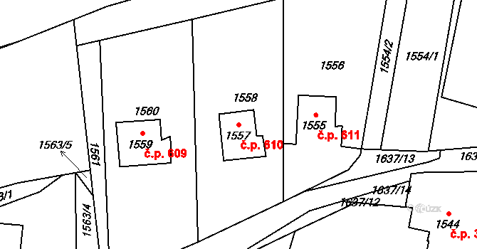 Lipová-lázně 610 na parcele st. 1557 v KÚ Dolní Lipová, Katastrální mapa