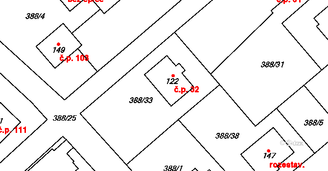 Horní Stakory 32, Kosmonosy na parcele st. 122 v KÚ Horní Stakory, Katastrální mapa