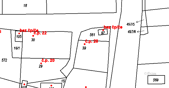 Obora 28, Chomutice na parcele st. 39 v KÚ Obora u Chomutic, Katastrální mapa