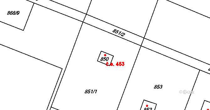 Hradištko 453 na parcele st. 850 v KÚ Hradištko u Sadské, Katastrální mapa
