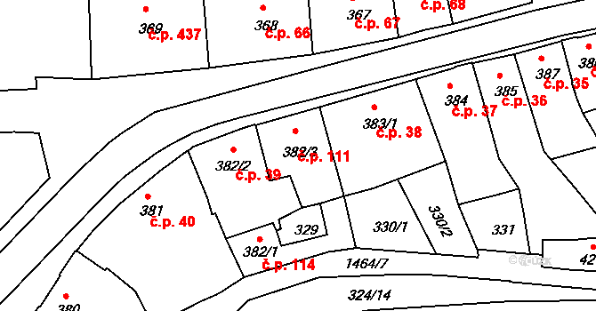 Stařečka 111, Třebíč na parcele st. 382/3 v KÚ Třebíč, Katastrální mapa