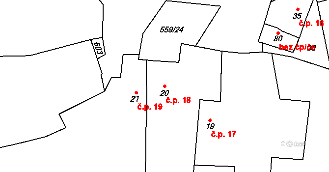 Hořany 18, Zbrašín na parcele st. 20 v KÚ Hořany u Zbrašína, Katastrální mapa