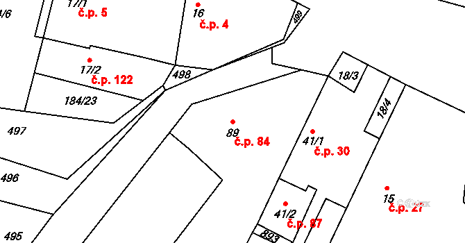 Olešnice 84 na parcele st. 89 v KÚ Olešnice nad Cidlinou, Katastrální mapa