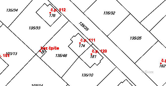 Libenice 111 na parcele st. 174 v KÚ Libenice, Katastrální mapa