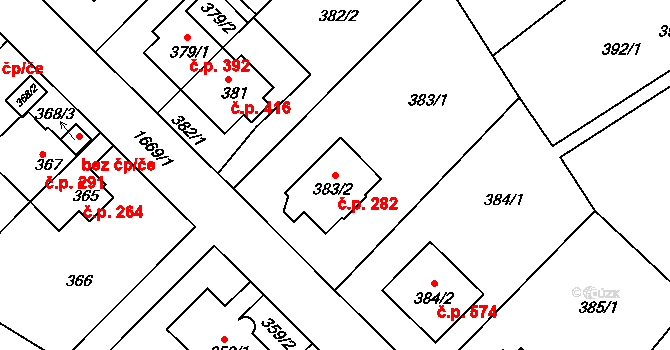 Hlubočepy 282, Praha na parcele st. 383/2 v KÚ Hlubočepy, Katastrální mapa