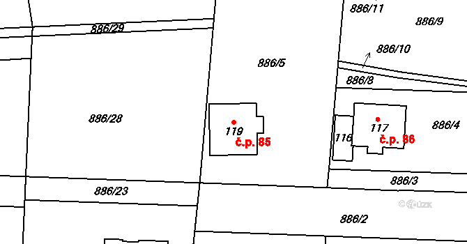 Měňany 85 na parcele st. 119 v KÚ Měňany, Katastrální mapa