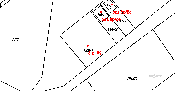 Ráj 69, Karviná na parcele st. 199/1 v KÚ Ráj, Katastrální mapa