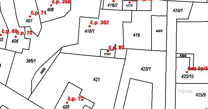 Pozořice 80 na parcele st. 418/2 v KÚ Pozořice, Katastrální mapa