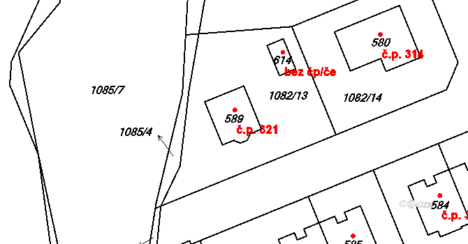 Ledce 321 na parcele st. 589 v KÚ Ledce u Plzně, Katastrální mapa