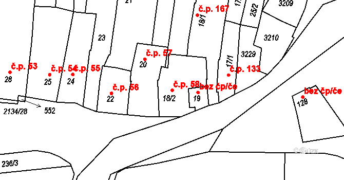 Žeravice 58 na parcele st. 18/2 v KÚ Žeravice u Kyjova, Katastrální mapa