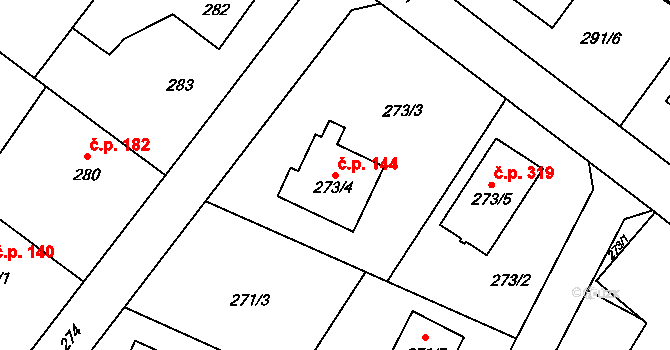 Chlebičov 144 na parcele st. 273/4 v KÚ Chlebičov, Katastrální mapa