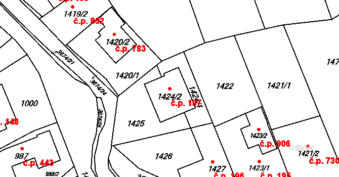 Ludgeřovice 197 na parcele st. 1424/2 v KÚ Ludgeřovice, Katastrální mapa