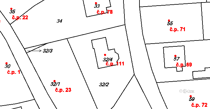 Klečůvka 111, Zlín na parcele st. 32/4 v KÚ Klečůvka, Katastrální mapa