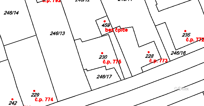 Rudná 775 na parcele st. 230 v KÚ Hořelice, Katastrální mapa