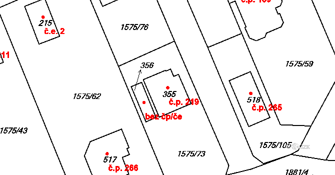 Hrádek 219 na parcele st. 355 v KÚ Hrádek u Rokycan, Katastrální mapa