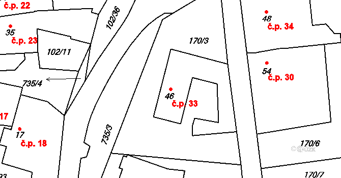 Ochoz u Tišnova 33 na parcele st. 46 v KÚ Ochoz u Tišnova, Katastrální mapa