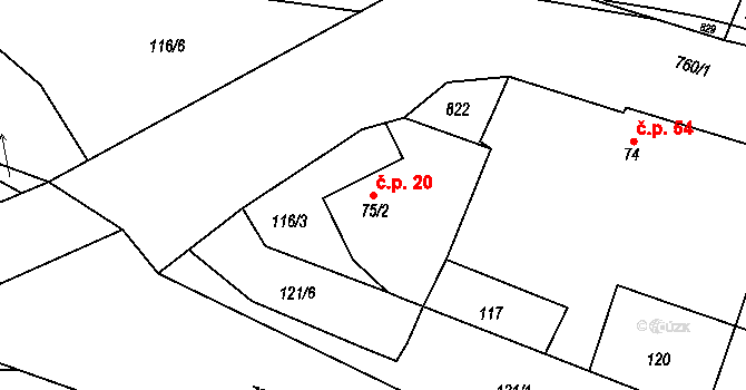 Pulice 20, Dobruška na parcele st. 75/2 v KÚ Pulice, Katastrální mapa