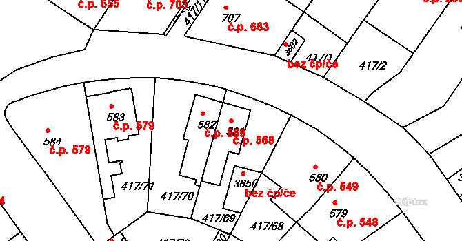 Bystřice pod Hostýnem 568 na parcele st. 581 v KÚ Bystřice pod Hostýnem, Katastrální mapa