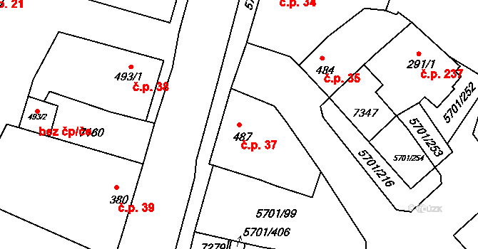 Hrádek 37 na parcele st. 487 v KÚ Hrádek u Znojma, Katastrální mapa