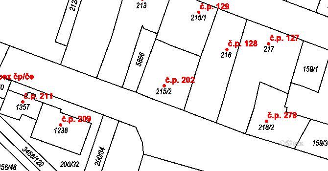 Hrušovany nad Jevišovkou 202 na parcele st. 215/2 v KÚ Hrušovany nad Jevišovkou, Katastrální mapa