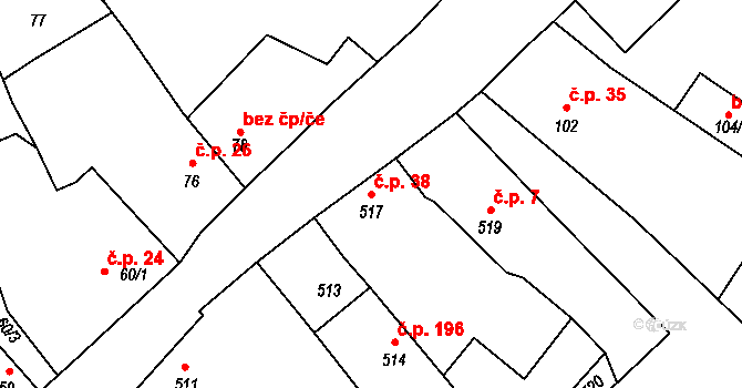 Uhlířské Janovice 38 na parcele st. 517 v KÚ Uhlířské Janovice, Katastrální mapa