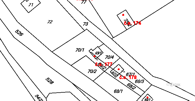 Jihlava 177 na parcele st. 69/1 v KÚ Pančava, Katastrální mapa