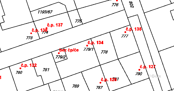 Hřebeč 134 na parcele st. 779/1 v KÚ Hřebeč, Katastrální mapa