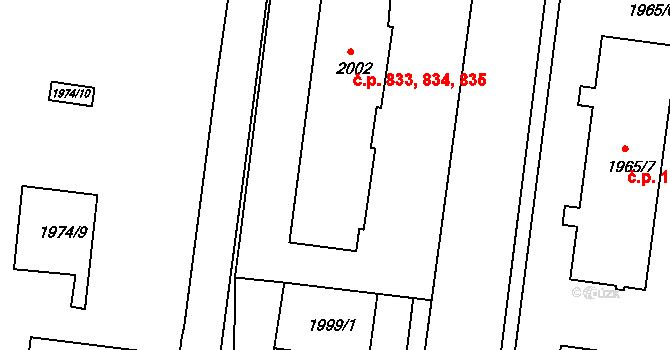 Hulín 833,834,835 na parcele st. 2002 v KÚ Hulín, Katastrální mapa