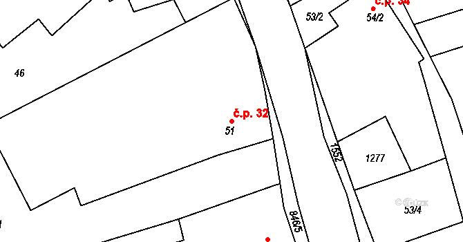 Želechovice 32 na parcele st. 51 v KÚ Želechovice u Uničova, Katastrální mapa