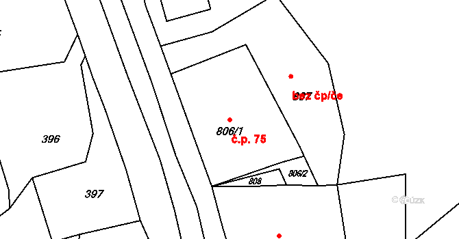 Volfartice 75 na parcele st. 806/1 v KÚ Volfartice, Katastrální mapa