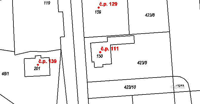 Kladeruby 111 na parcele st. 150 v KÚ Kladeruby, Katastrální mapa
