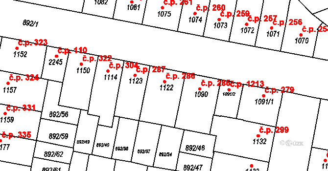 Horka-Domky 286, Třebíč na parcele st. 1122 v KÚ Třebíč, Katastrální mapa