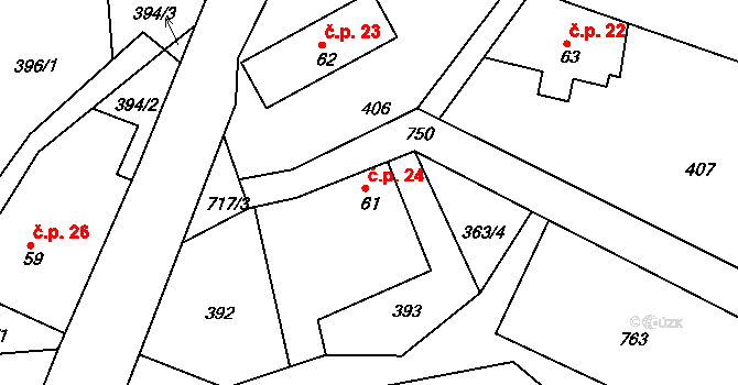 Těpeře 24, Železný Brod na parcele st. 61 v KÚ Chlístov u Železného Brodu, Katastrální mapa