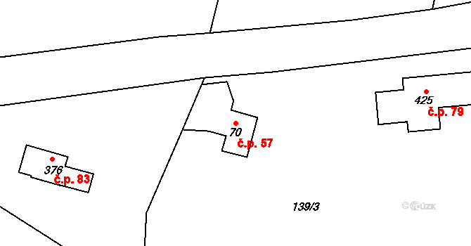 Račice 57 na parcele st. 70 v KÚ Račice nad Berounkou, Katastrální mapa