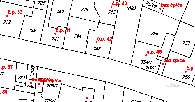Čimice 42, Praha na parcele st. 743 v KÚ Čimice, Katastrální mapa
