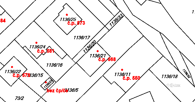 Zbýšov 568 na parcele st. 1136/21 v KÚ Zbýšov u Oslavan, Katastrální mapa