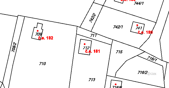 Horákov 181, Mokrá-Horákov na parcele st. 712 v KÚ Horákov, Katastrální mapa