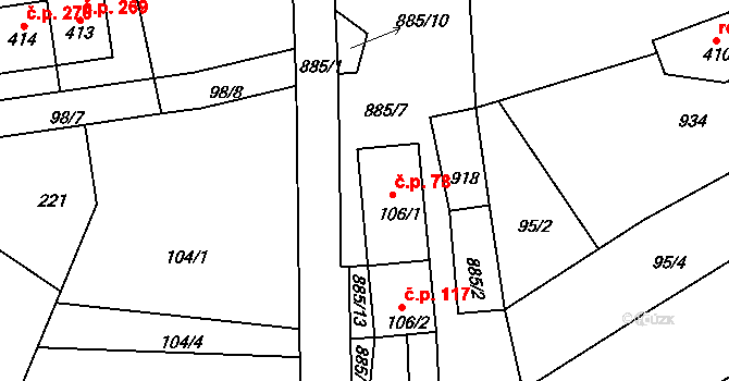 Předměřice nad Jizerou 78 na parcele st. 106/1 v KÚ Předměřice nad Jizerou, Katastrální mapa