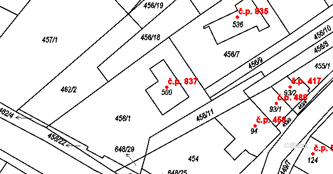 Chvalčov 837 na parcele st. 500 v KÚ Chvalčova Lhota, Katastrální mapa