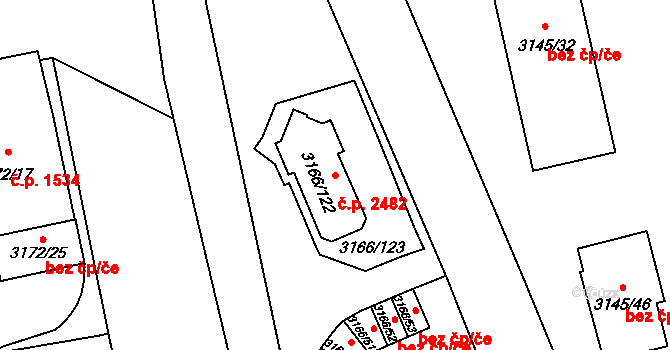 Nové Město 2482, Karviná na parcele st. 3166/122 v KÚ Karviná-město, Katastrální mapa
