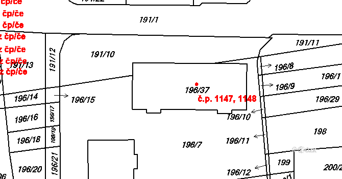 Oslavany 1147,1148 na parcele st. 196/37 v KÚ Oslavany, Katastrální mapa